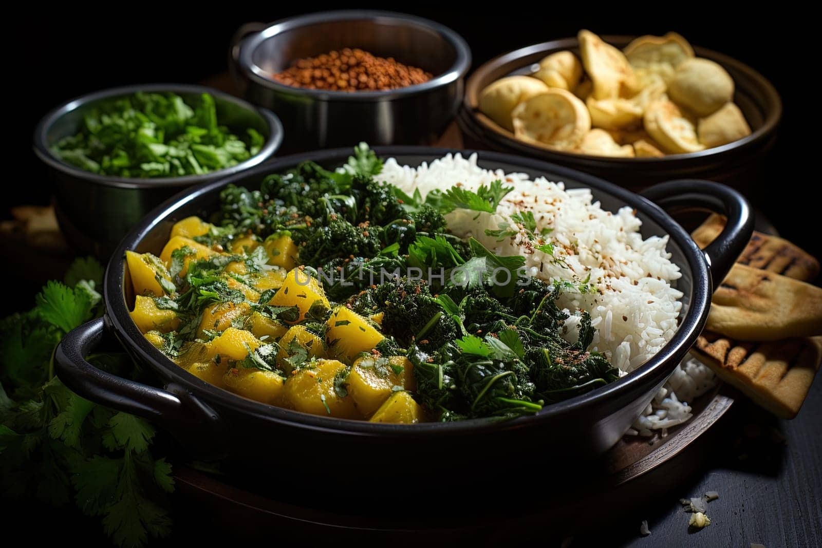 homemade chickpea and spinach curry with white rise dishes by Dustick