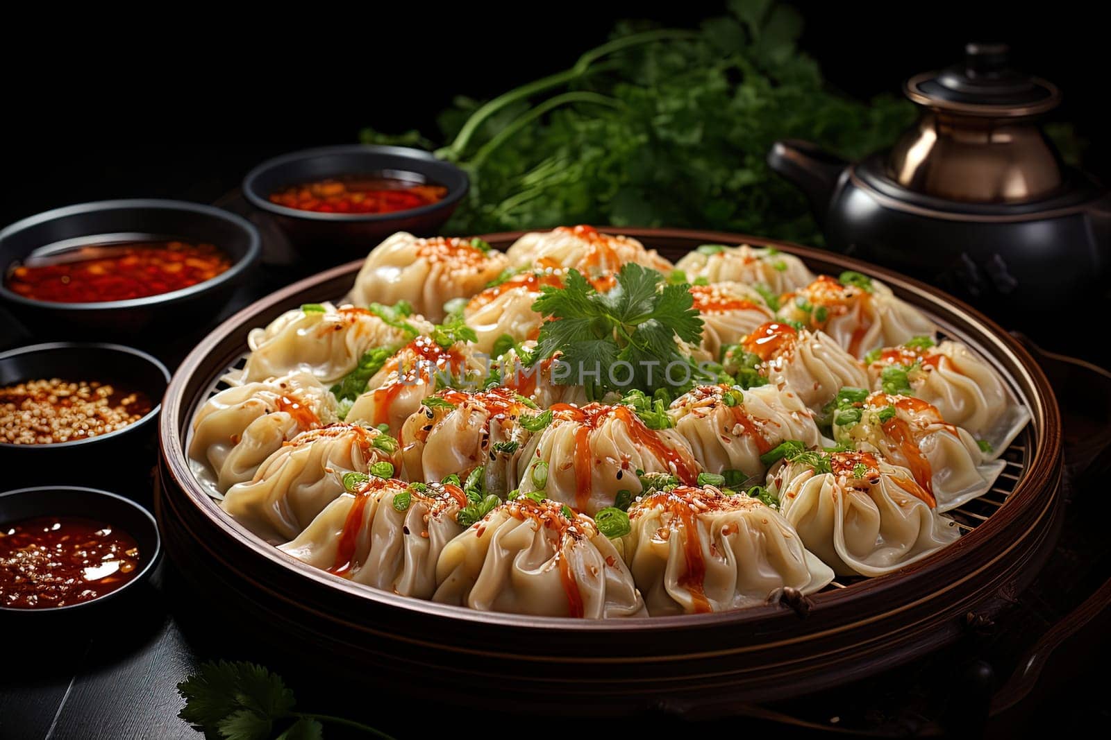 Traditional Chinese dish dumplings. Server table beautifully decorated with dish with chinese dumplings illustration