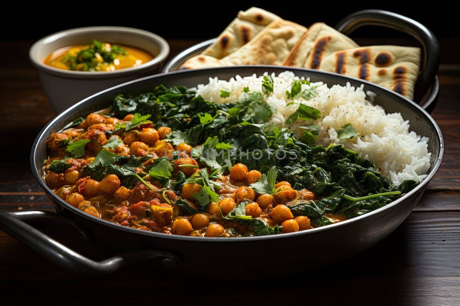 homemade chickpea and spinach curry with white rise dishes. illustration