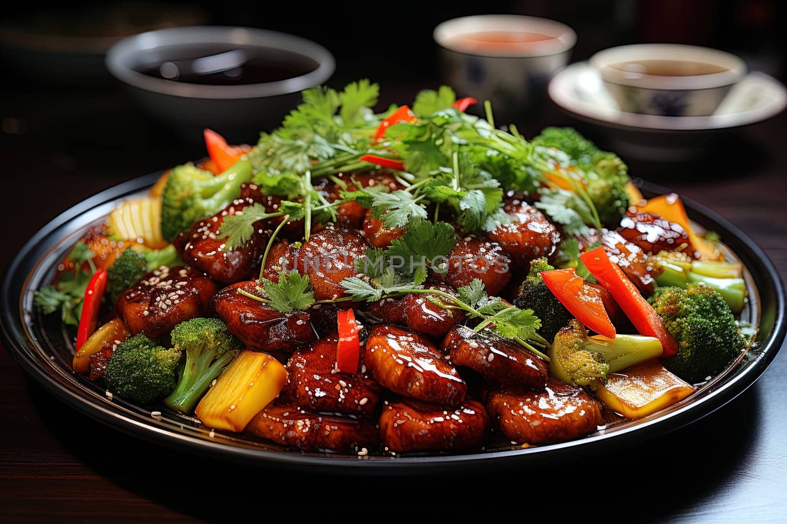 Appetizing meat dinner with roast pork with sweet sauce by Dustick