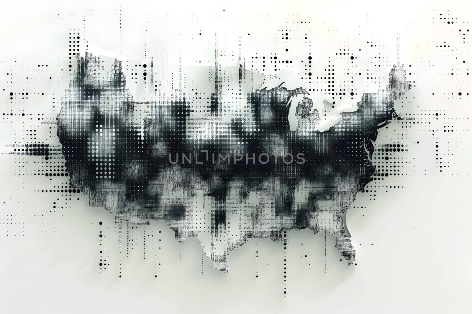 A black and white monochrome painting of a map of the United States, featuring intricate patterns and details in a rectangular format. A captivating piece of visual art