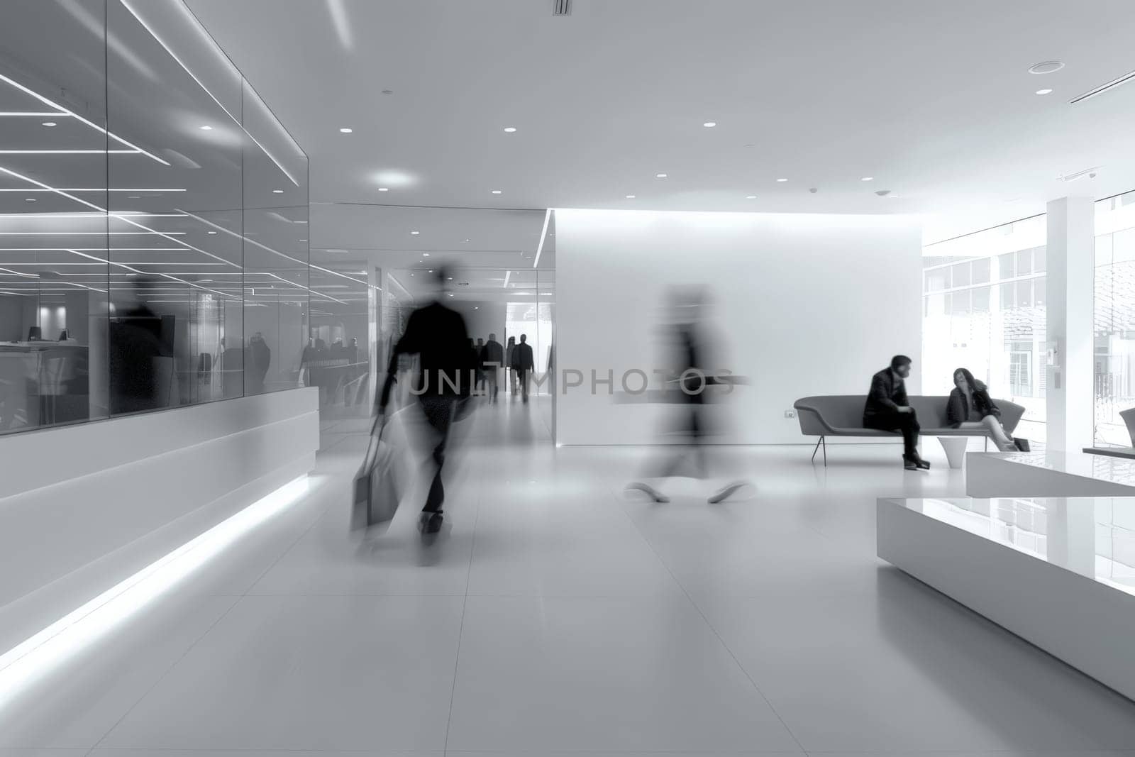 Business workplace with people in walking in blurred motion in modern office space, Generative AI.