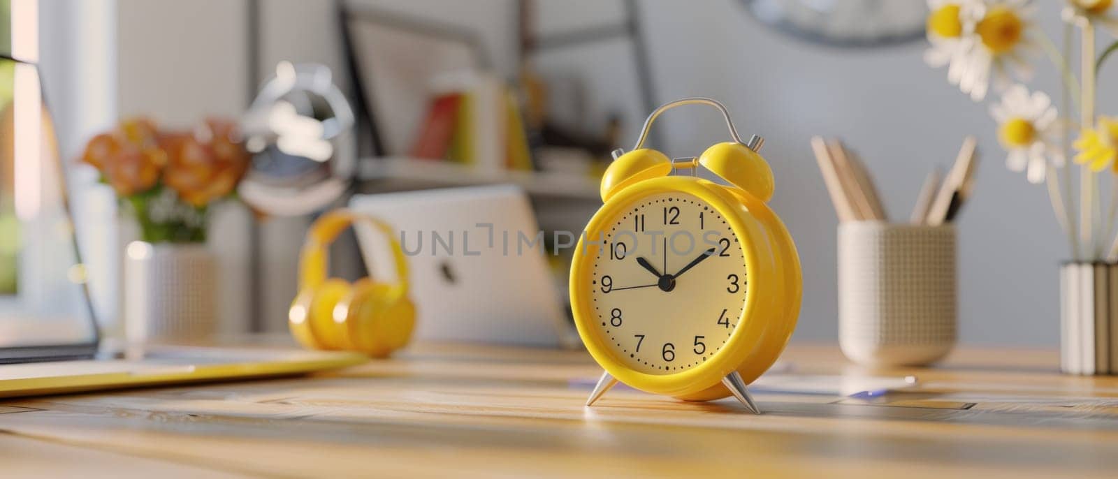 A yellow alarm clock sits on a wooden desk next to a laptop and a cup. The clock is set to the time of 10:30