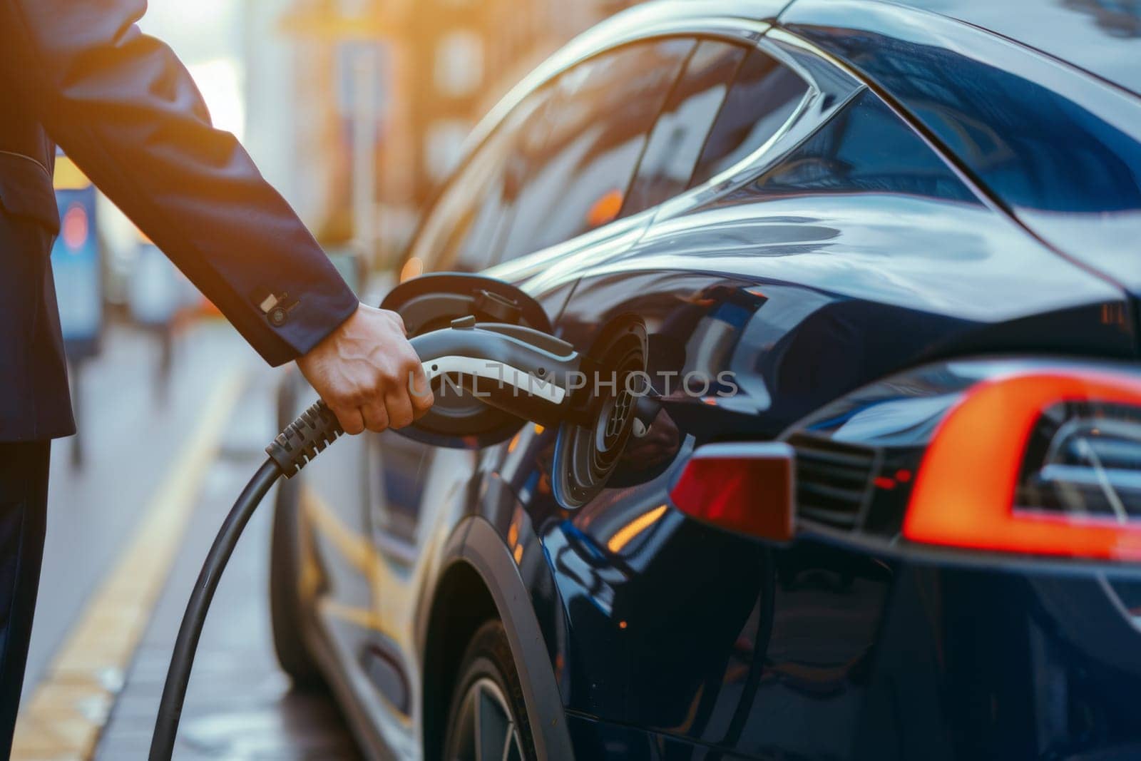 A businessman plugging in the charger in electric car, Generative AI.