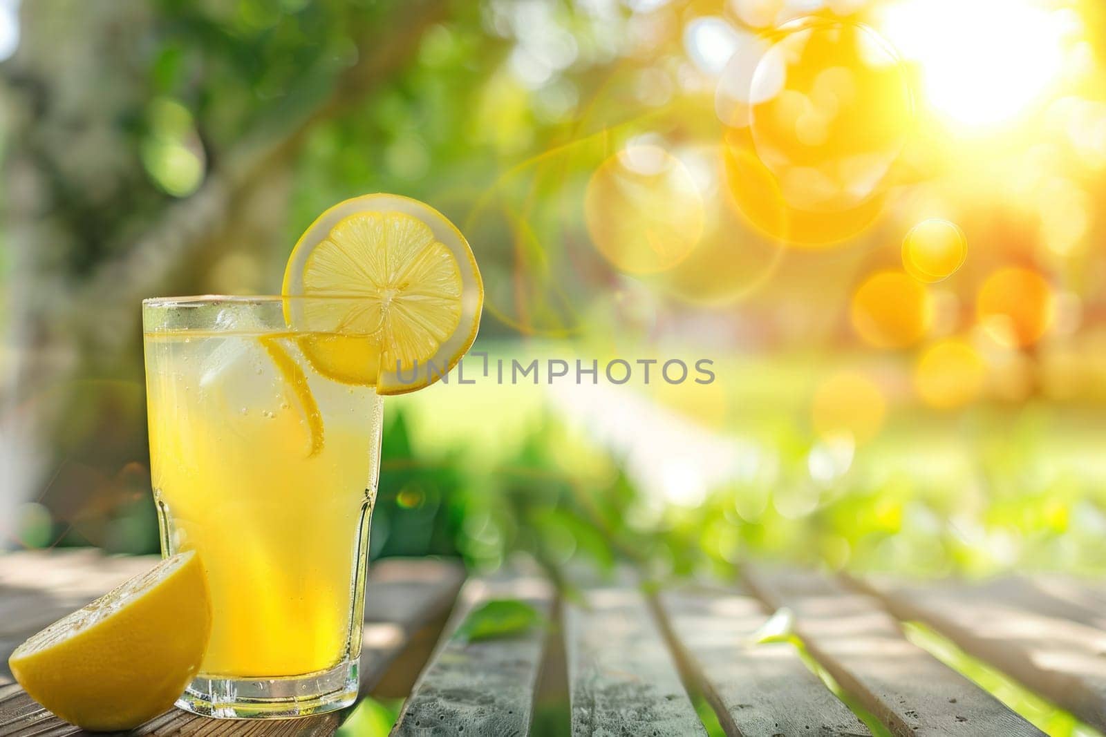 A glass of lemonade with a straw in it and a slice of lemon on the side.