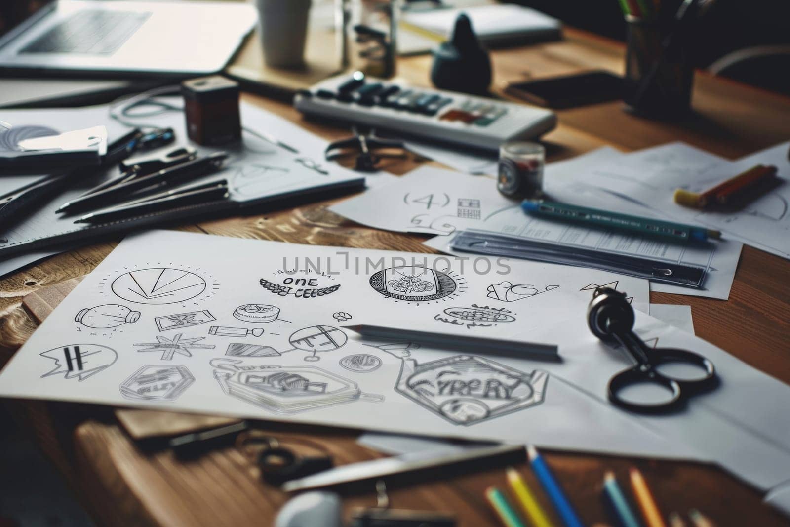 Designer desk, A desktop with sketches of logo ideas lying around, Generative AI.
