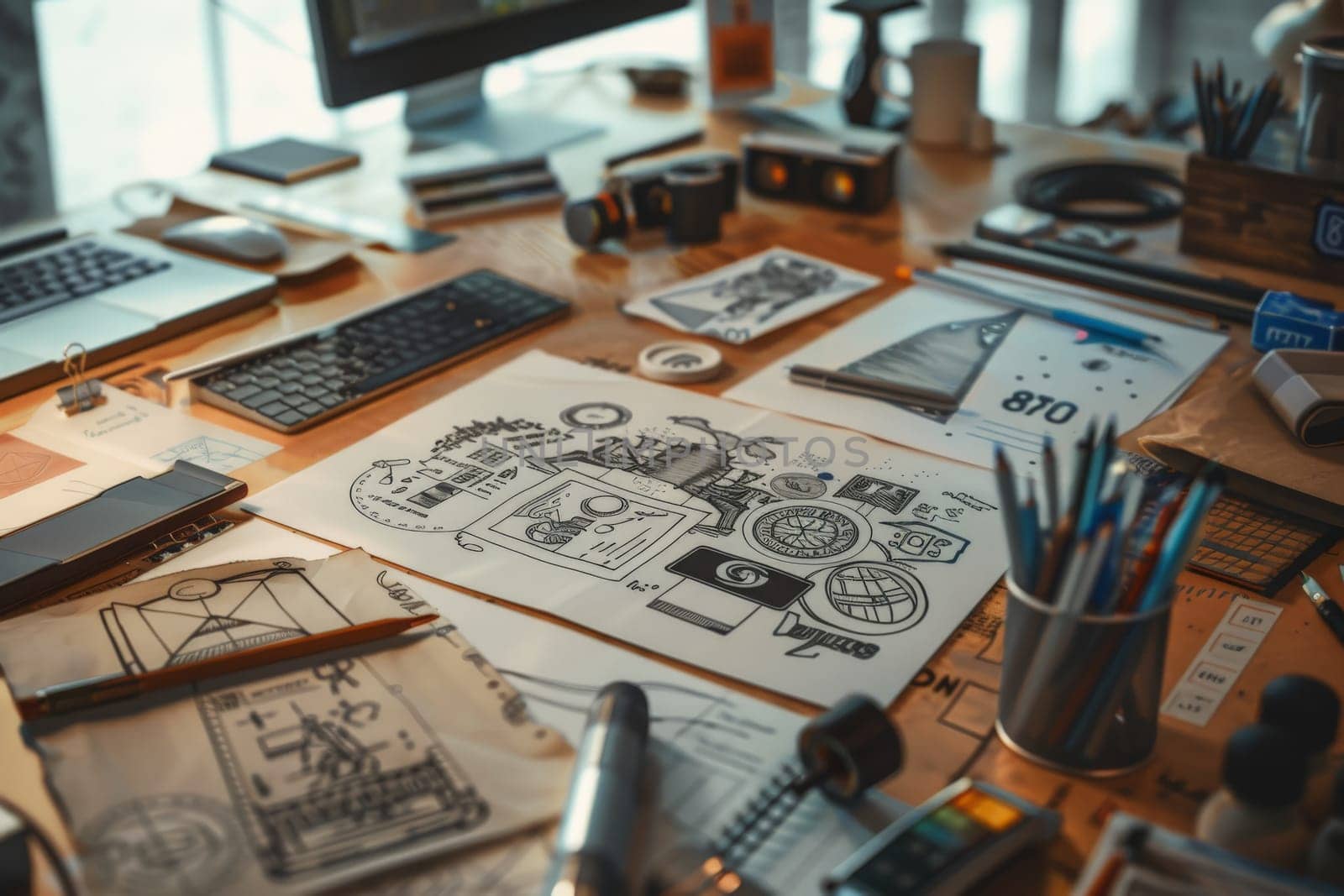 Designer desk, A desktop with sketches of logo ideas lying around, Generative AI.