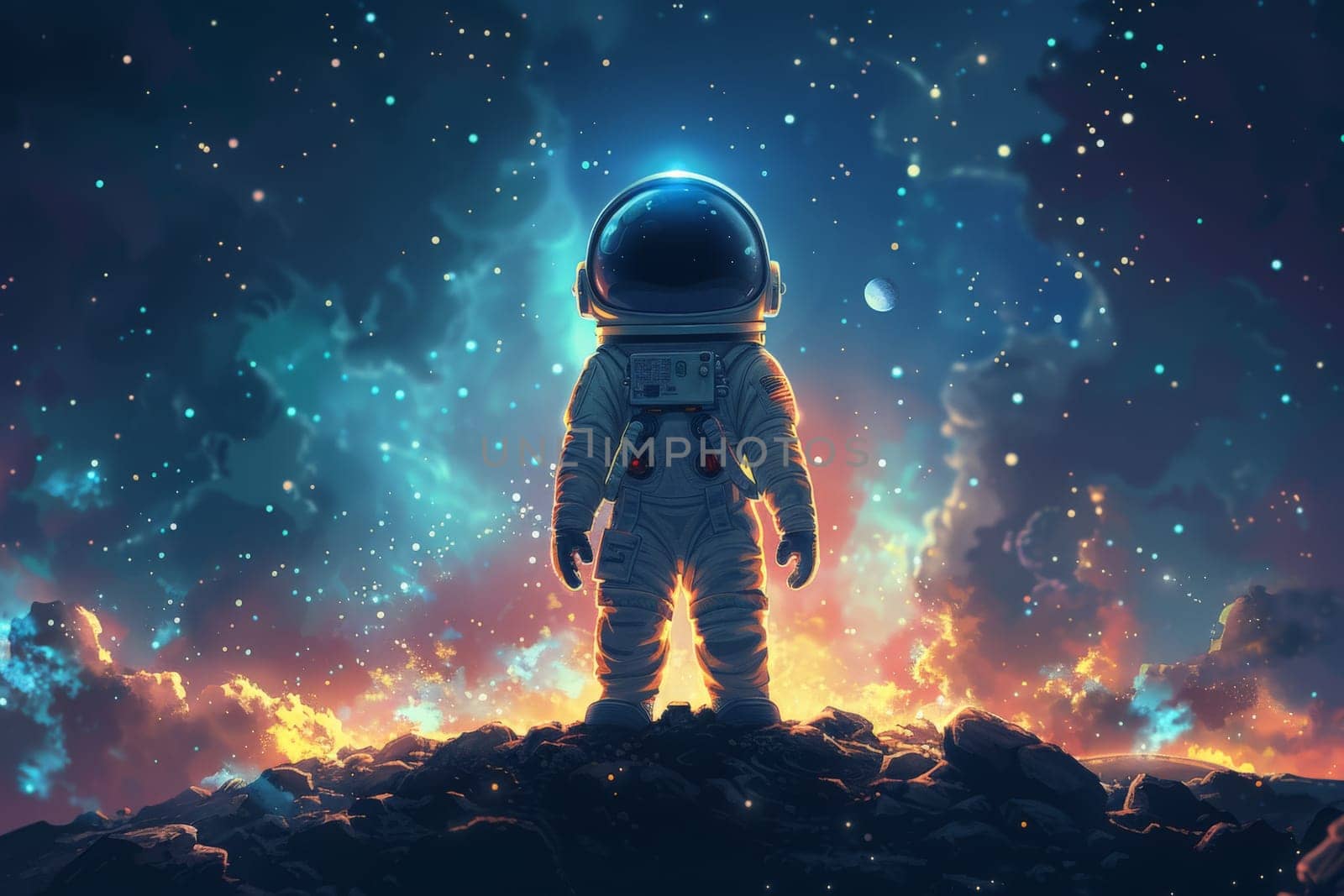 A cute astronaut standing on the moon with beautiful galaxy background, Generative AI by nijieimu