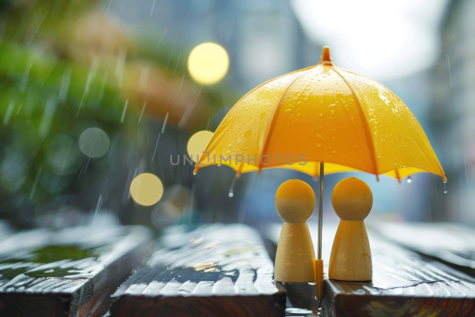 Two people are standing under a yellow umbrella.