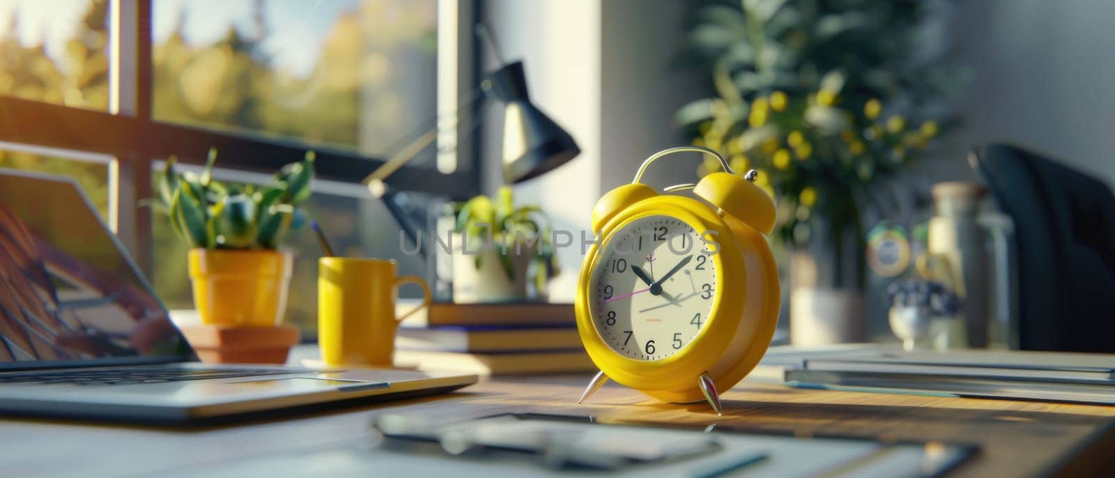 A yellow alarm clock sits on a wooden desk next to a laptop and a cup by golfmerrymaker