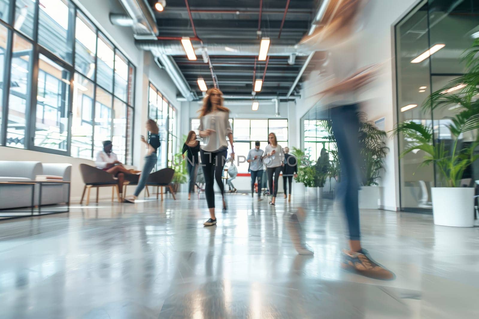 Business workplace with people in walking in blurred motion in modern office space, Generative AI.