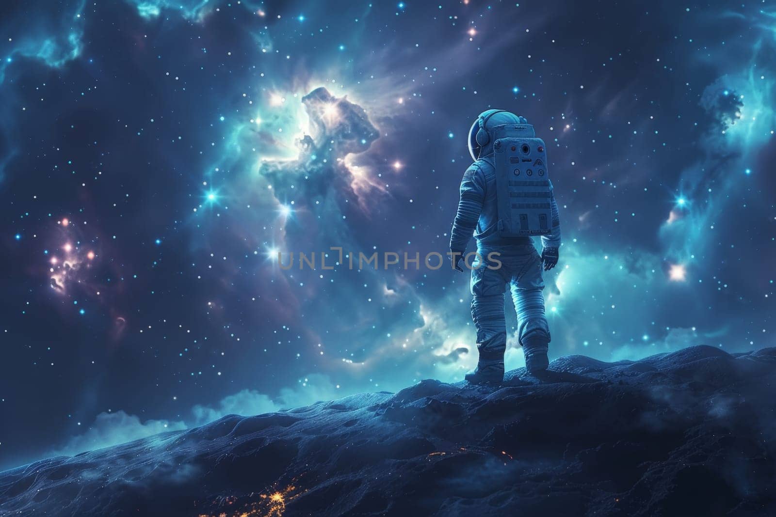 A cute astronaut standing on the moon with beautiful galaxy background, Generative AI.