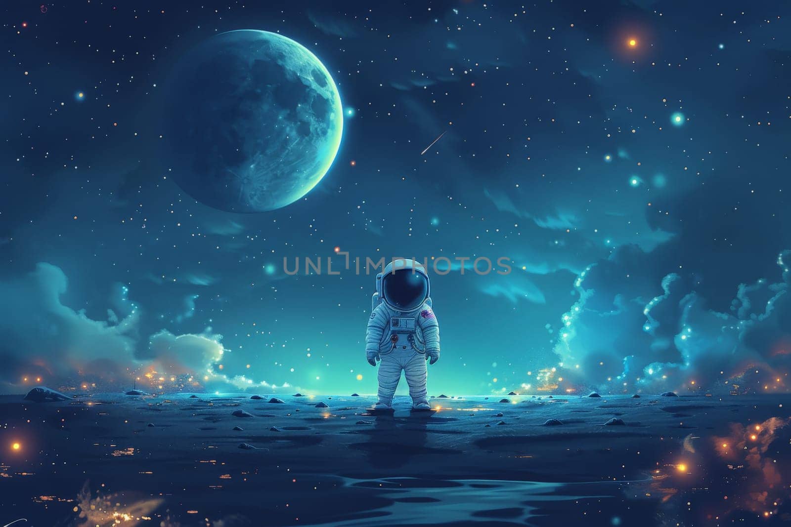 A cute astronaut standing on the moon with beautiful galaxy background, Generative AI by nijieimu