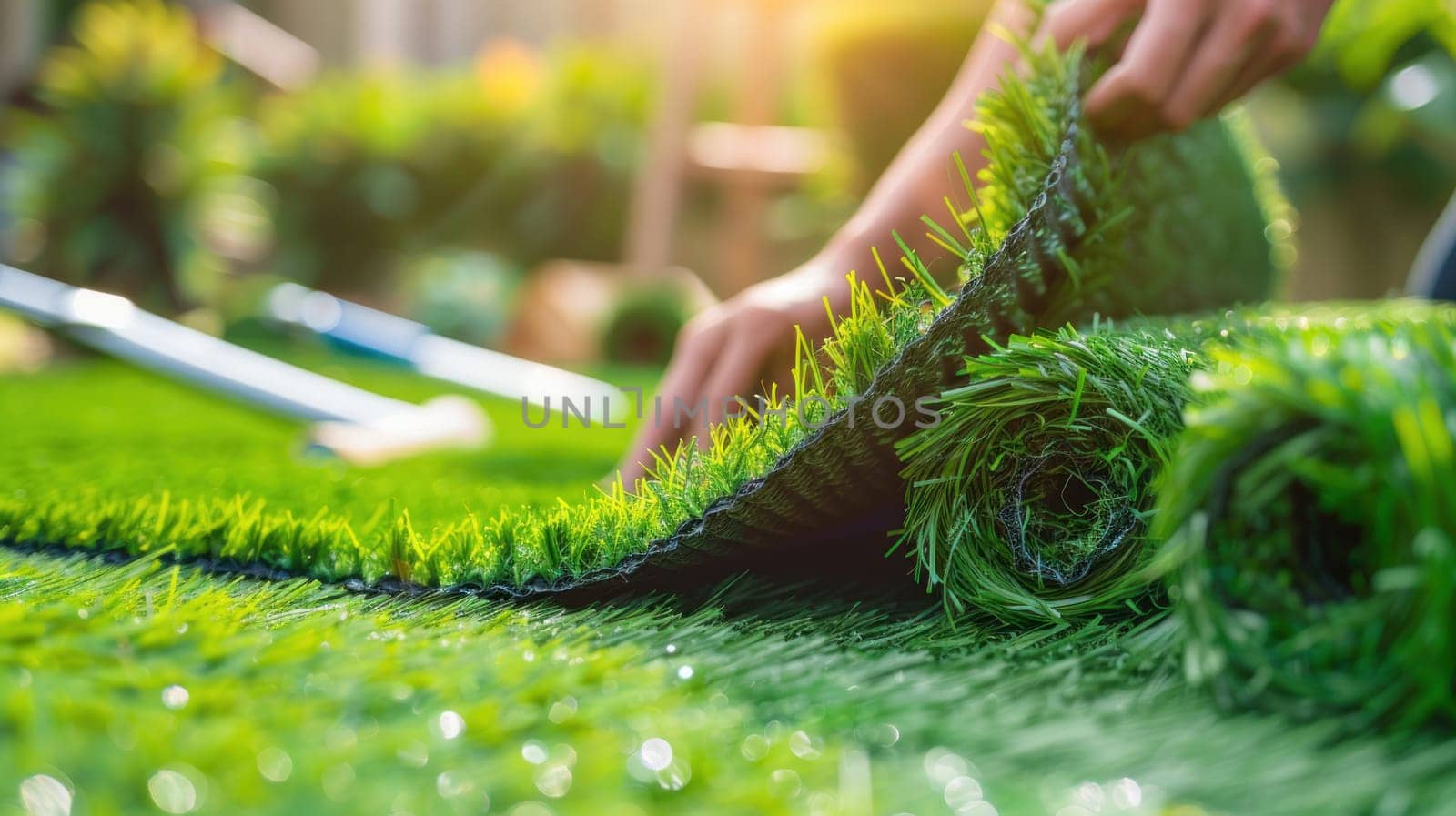 A man is laying down a piece of artificial grass.