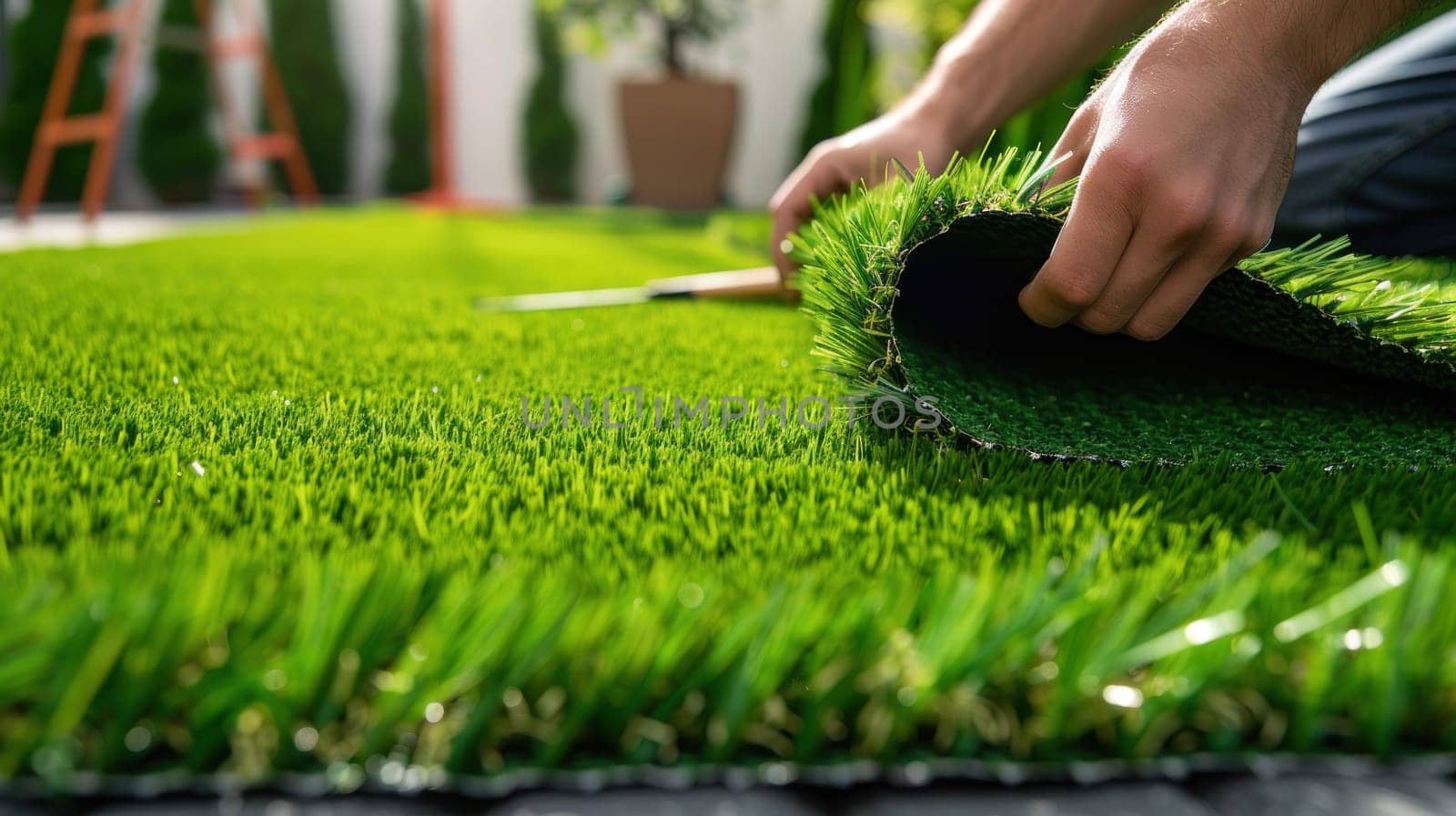 A man is laying down a piece of artificial grass.
