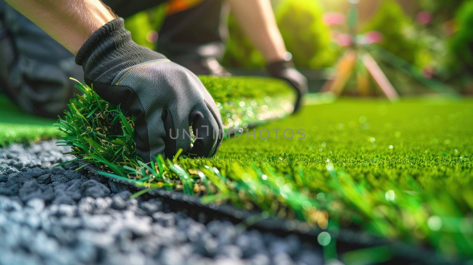 A man is laying down a piece of artificial grass. The grass is green and the man is wearing gloves