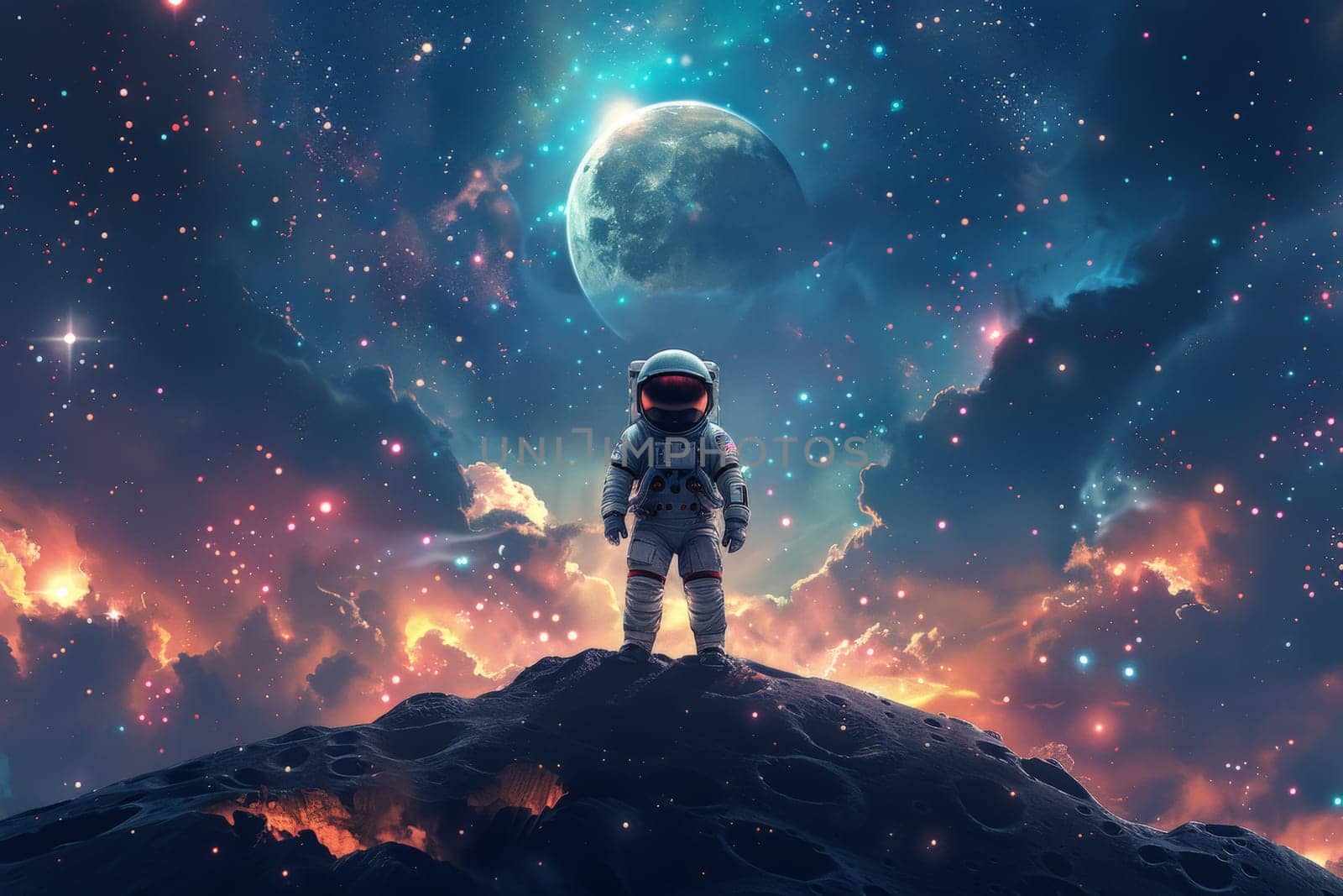 A cute astronaut standing on the moon with beautiful galaxy background, Generative AI.