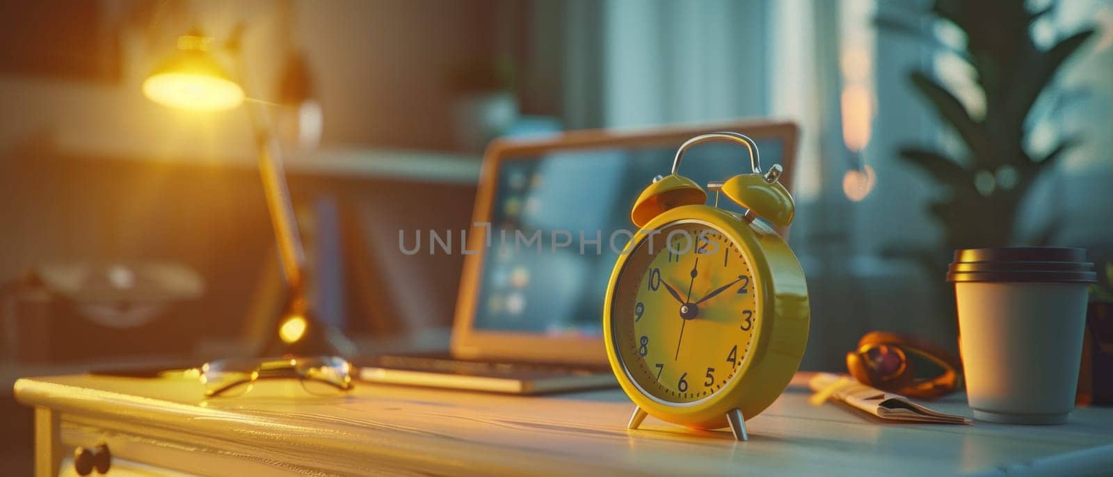 A yellow alarm clock sits on a wooden desk next to a laptop and a cup by golfmerrymaker