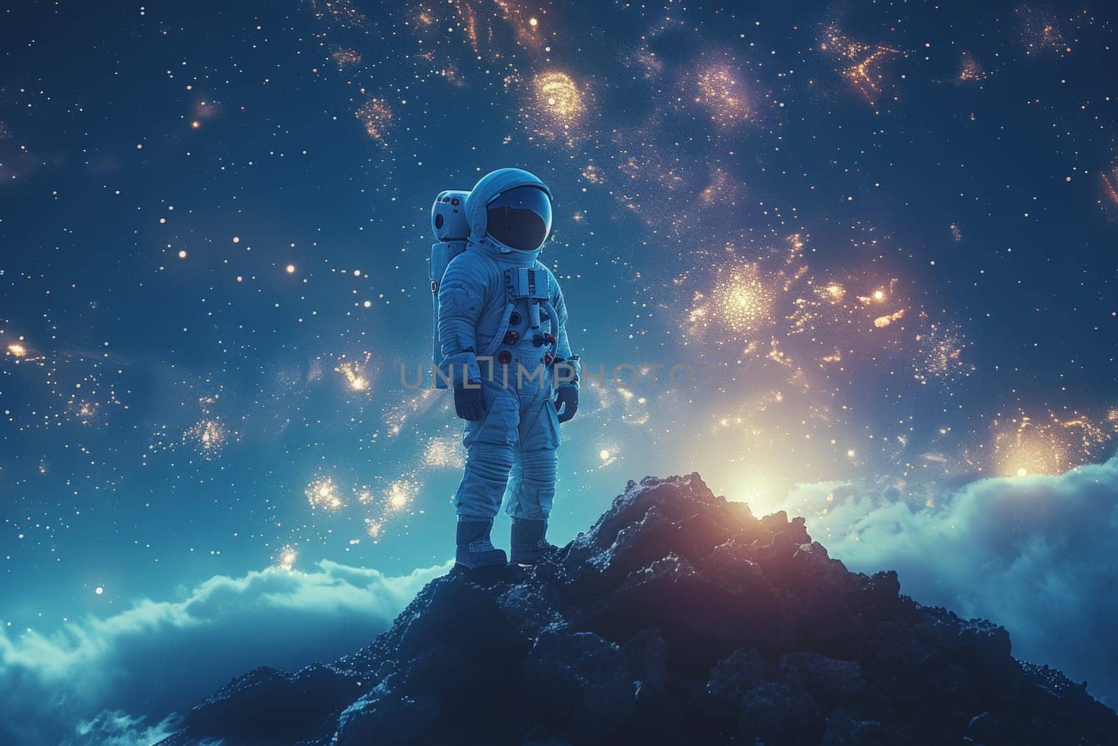 A cute astronaut standing on the moon with beautiful galaxy background, Generative AI by nijieimu
