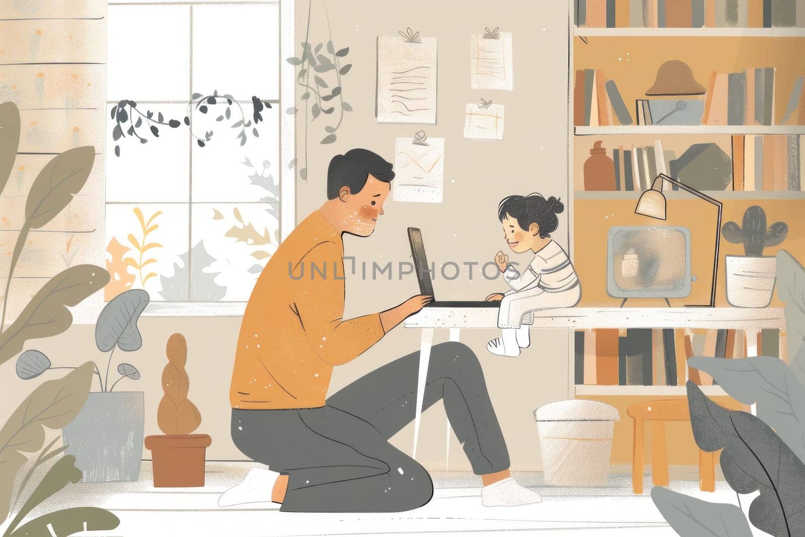 Father's Day greeting card design flat illustration, A man is sitting at a desk with a laptop and a baby is sitting on his lap.