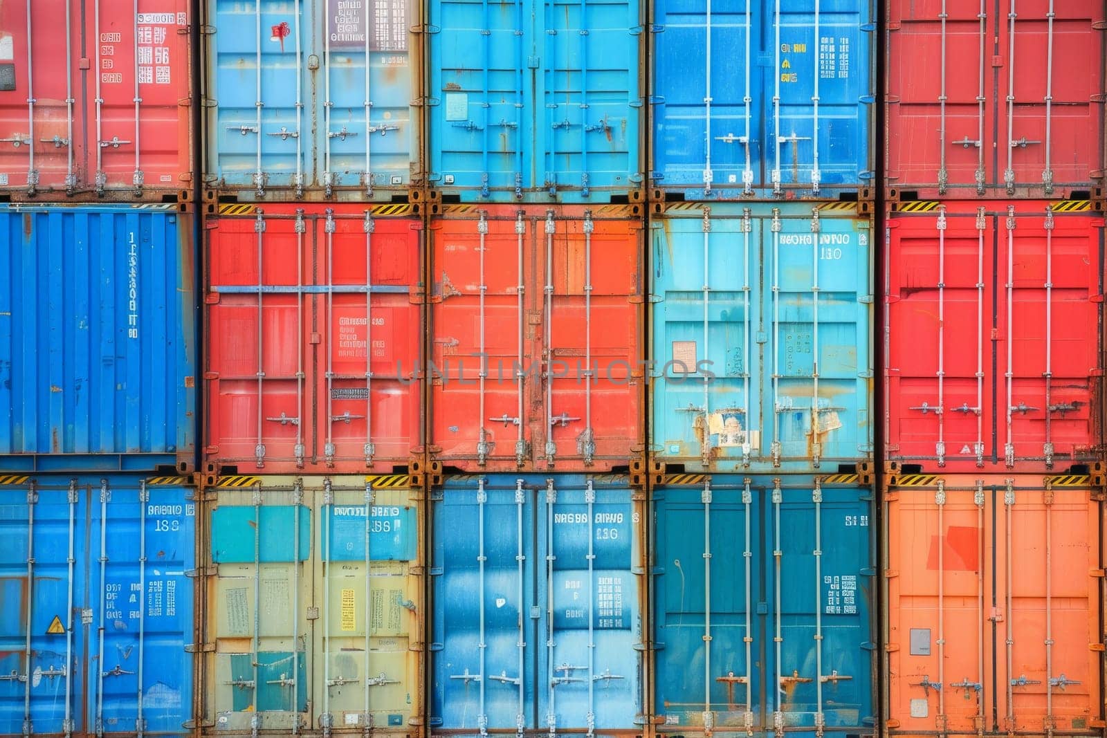 Stacked shipping container on logistics center, Abstract container background, Generative AI.