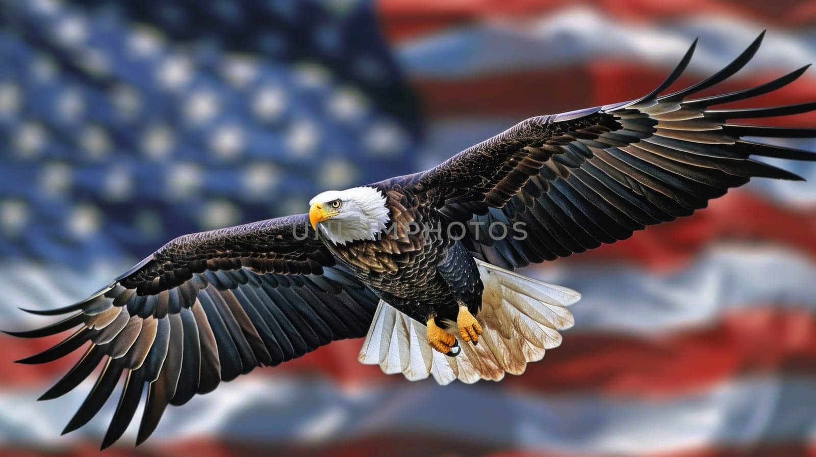 A bald eagle flying over a red, white, and blue American flag by golfmerrymaker