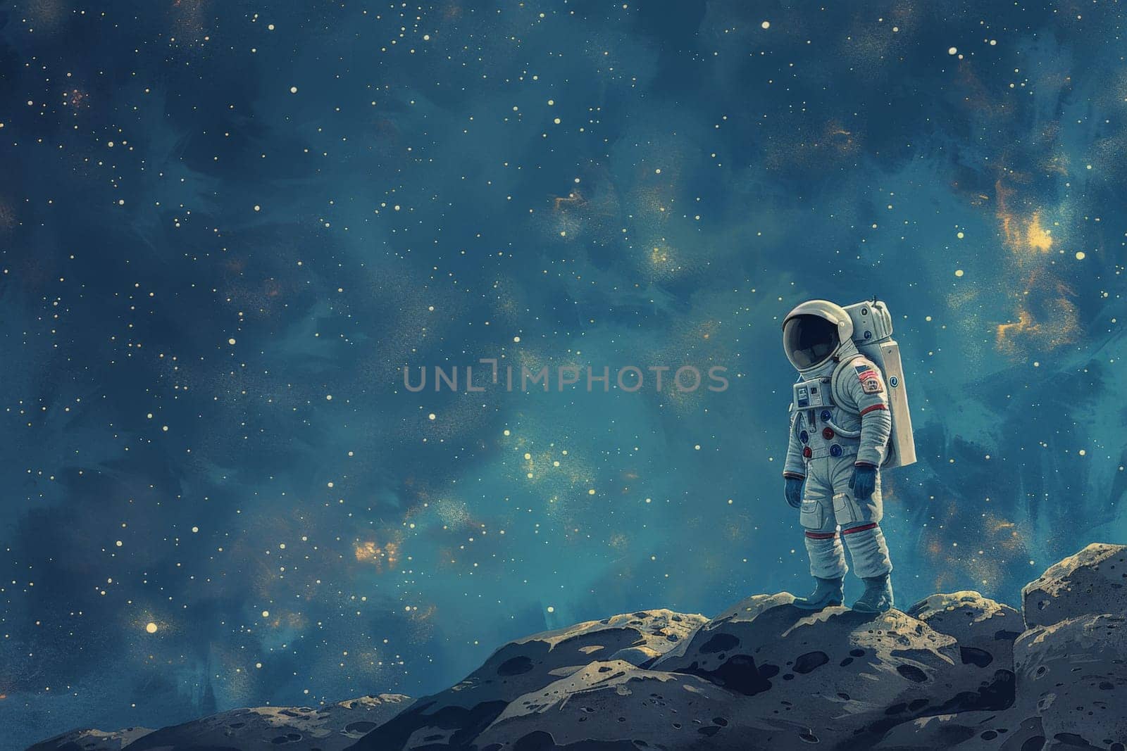 A cute astronaut standing on the moon with beautiful galaxy background, Generative AI by nijieimu