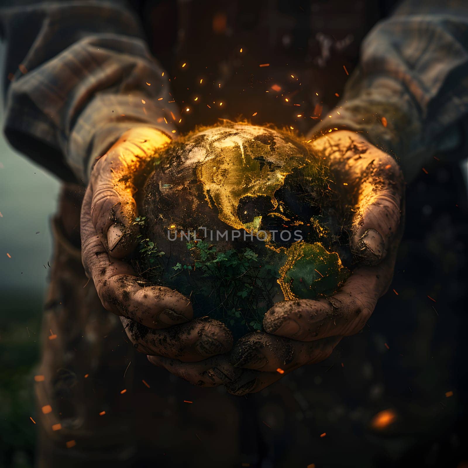 A person is holding a globe in their hands, showcasing the beauty of planet Earth through visual arts. The intricate patterns, made of metal and wood, create a circle of art in the darkness