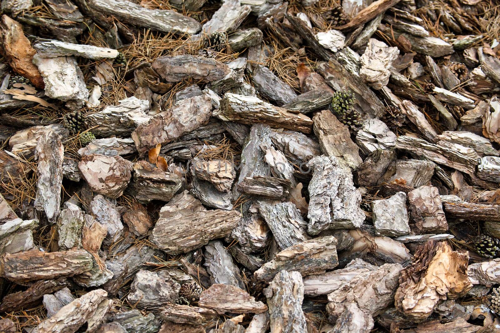 Wood chips, mixture of dark gray, light gray, and brown tones, creating a textured and natural appearance