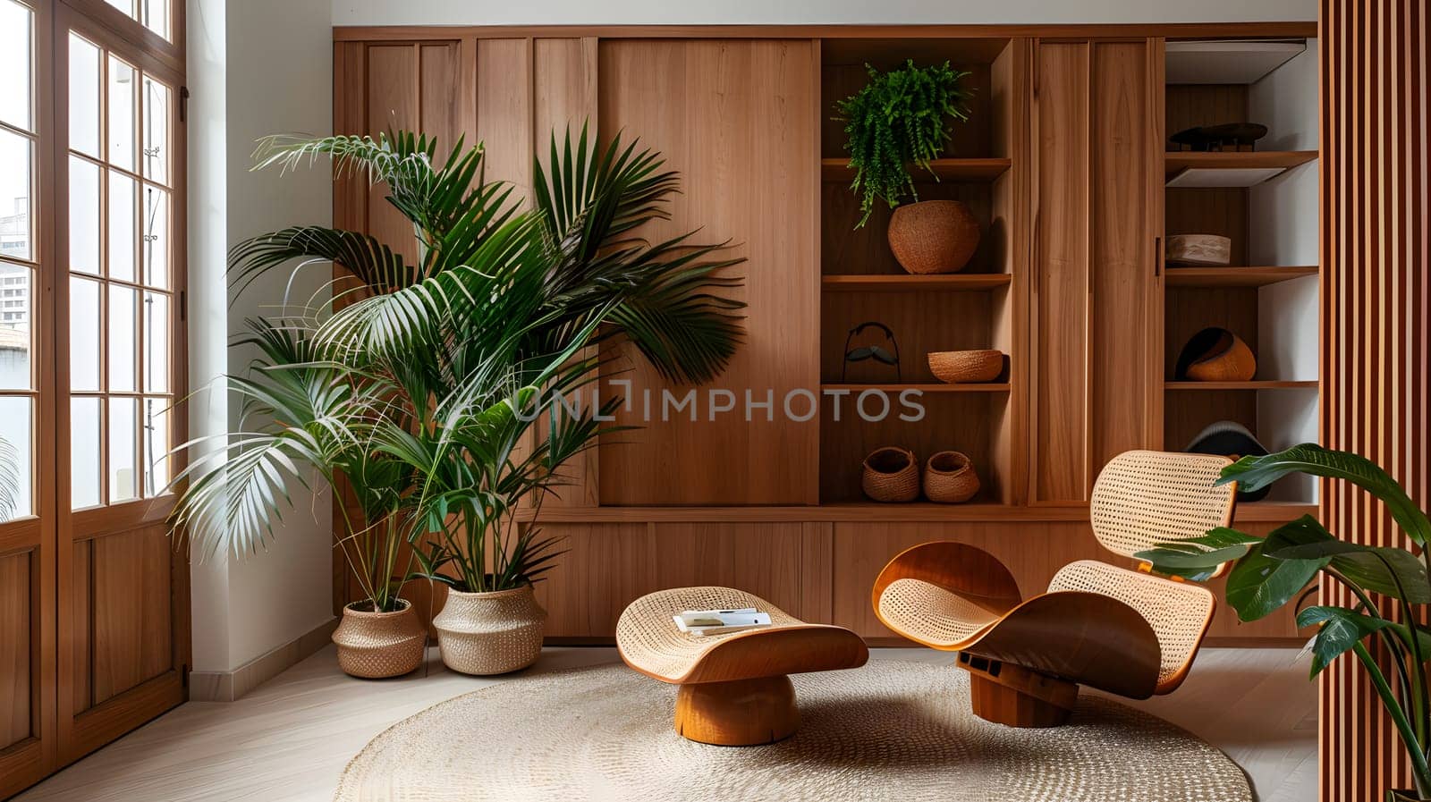 A cozy living room with a wooden chair, table, and plants. The hardwood flooring complements the green houseplants by the window