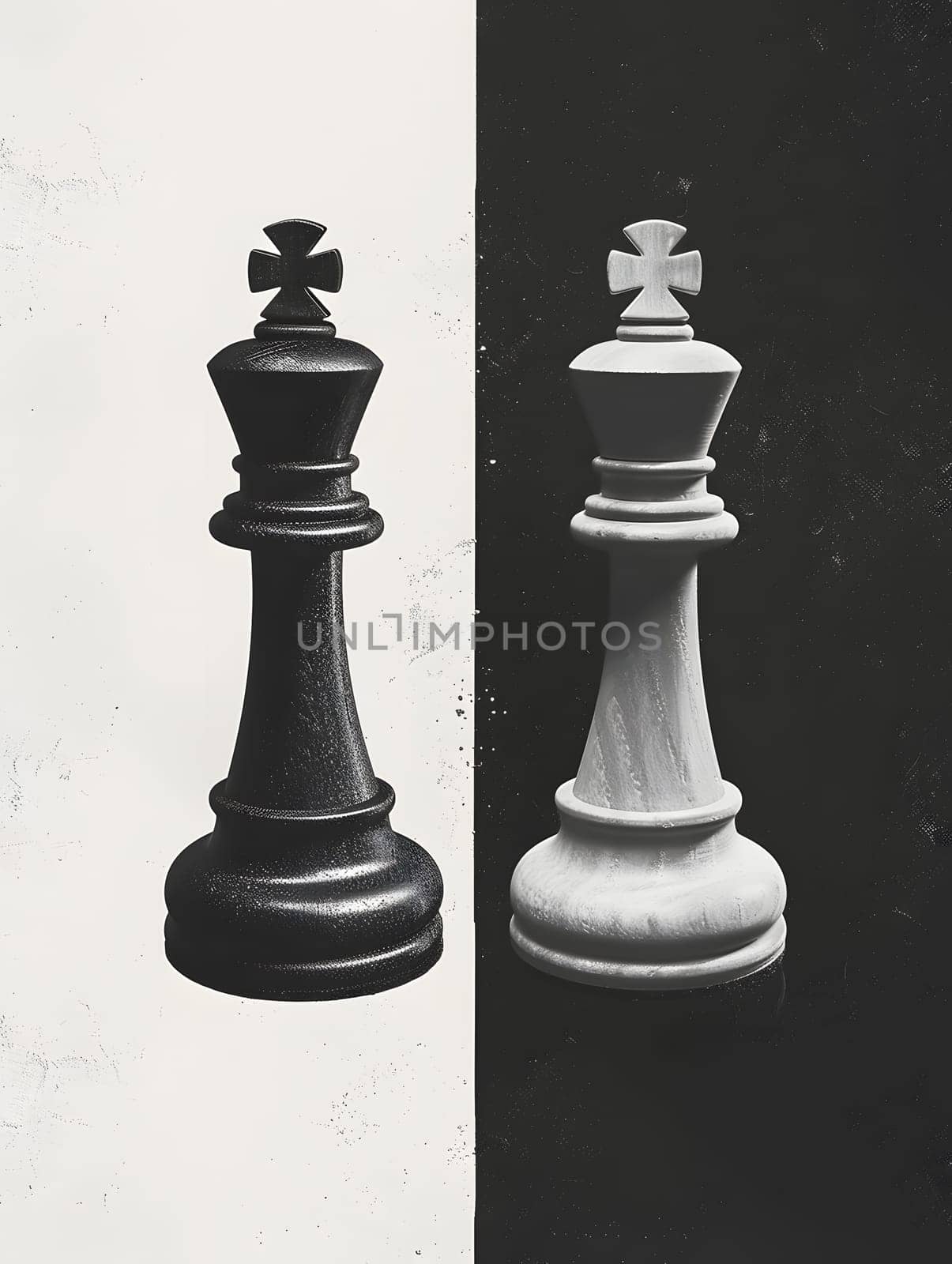 Monochrome photo of two chess pieces on black tabletop by Nadtochiy