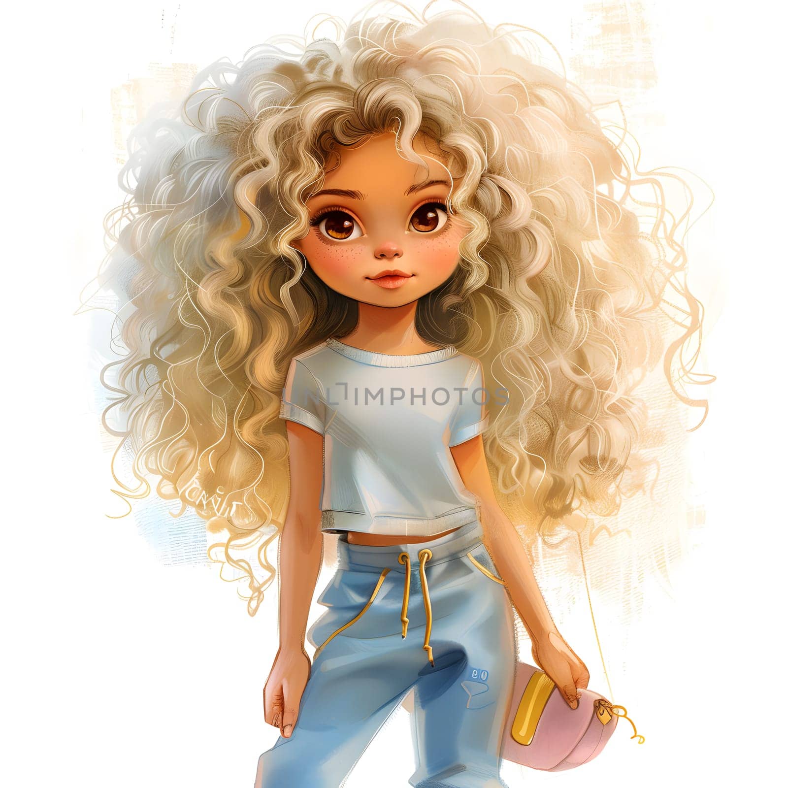 A cartoon girl with curly blonde hair is holding a pink purse, wearing a cute dress with long sleeves and a matching wig. She looks like a doll with her fawnlike eyes