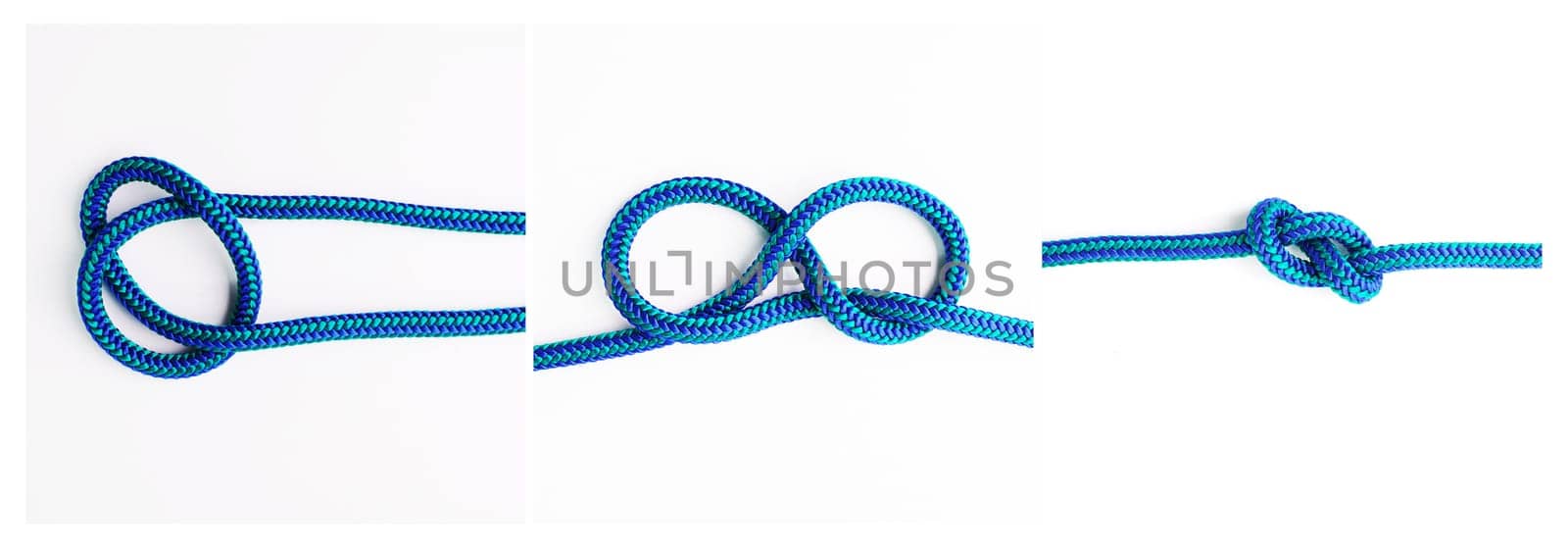 knot, instruction or steps to tie ropes and material on white background in studio for security. Frames, cords or blue design for learning technique, gear tools or safety for survival guide lesson.