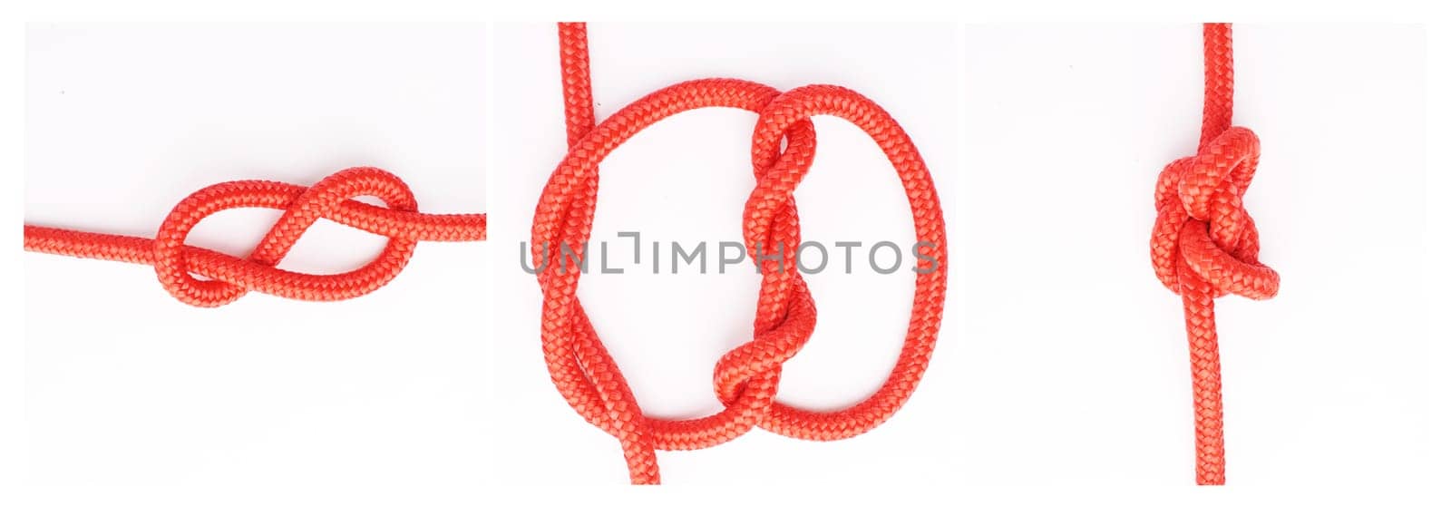 Tools, steps or how to tie knot on white background in studio for security or safety instruction. Material, ropes and color design for cords technique, guide or learning for survival cable lesson by YuriArcurs