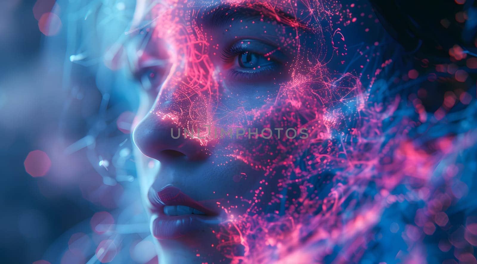 A close up of a womans face emitting glowing particles in shades of violet, magenta, and electric blue, creating an otherworldly organism in spacelike atmosphere