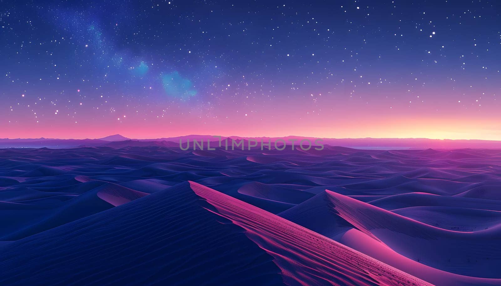 An eerie desert landscape at night with a starry sky above, sand dunes in the foreground, creating a tranquil atmosphere in this arid ecoregion