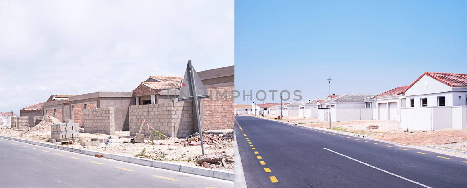 Community development, before and after of houses in small town for property management. Construction, maintenance and foundation for building, real estate improvement in society growth for project. by YuriArcurs