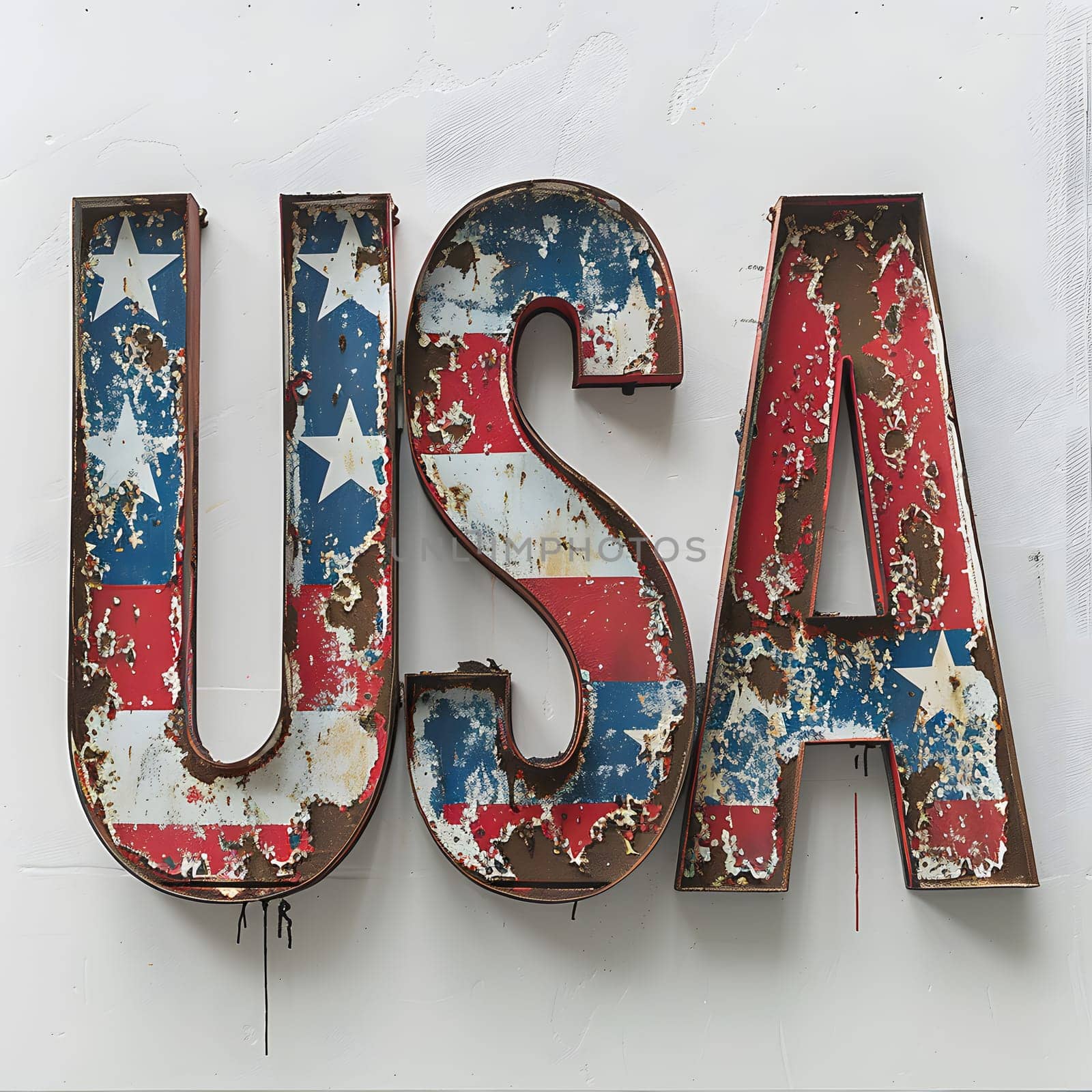 The word USA is displayed in a bold font on a rectangleshaped metal fashion accessory, painted in the vibrant colors of the American flag, symbolizing patriotism and artistry