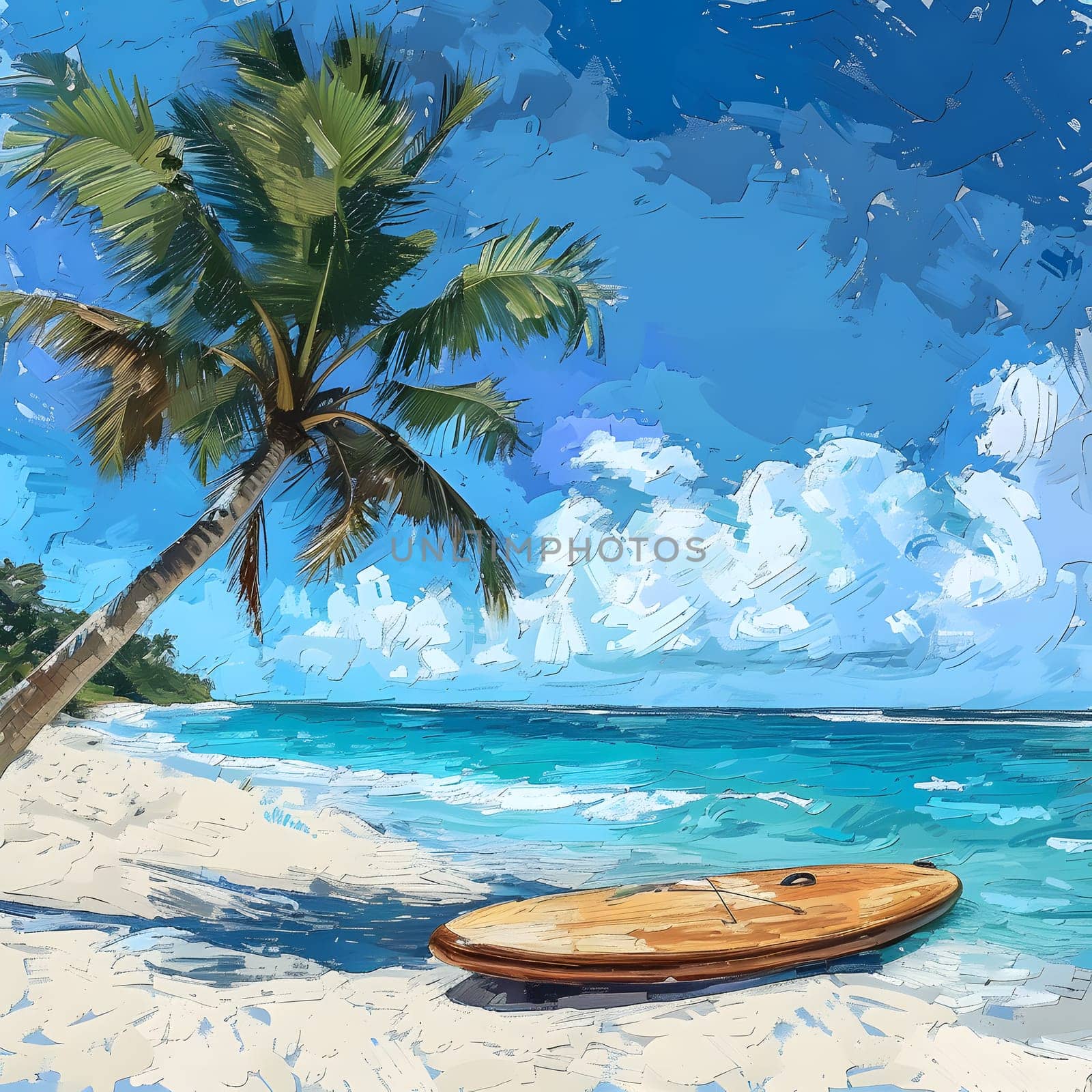 Capturing the beauty of a beach, palm tree, and surfboard against a backdrop of azure sky and fluffy clouds, a serene natural landscape
