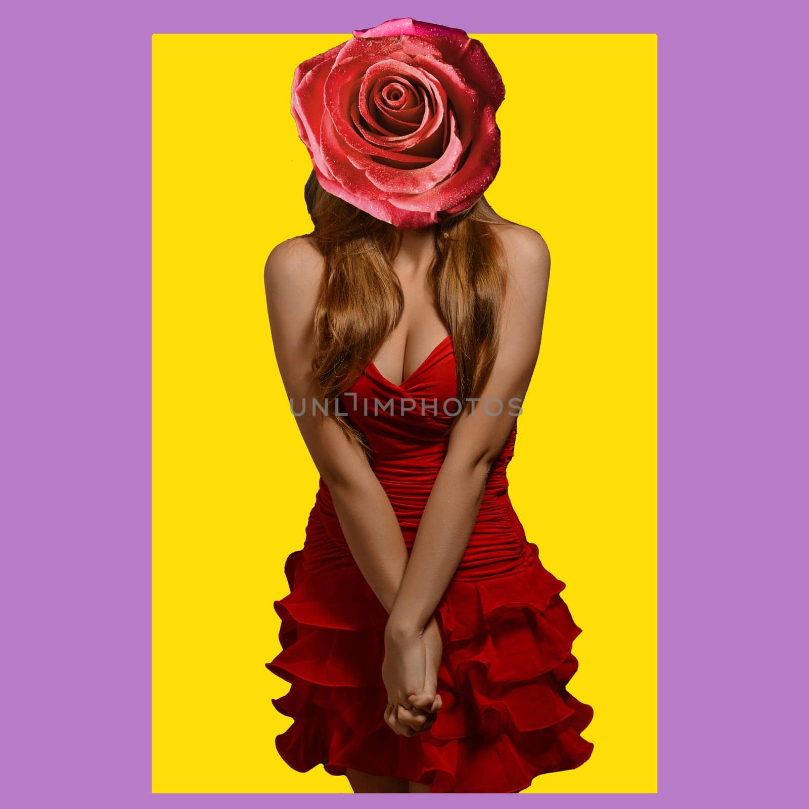 Abstract contemporary art collage Beautiful blond woman in elegant red dress with flower rose bud on face by zartarn