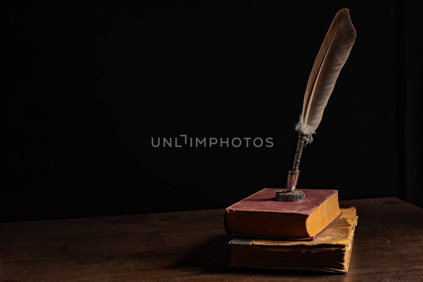Quill pen and inkwell resting on an old book concept for literature, writing, author and history by zartarn