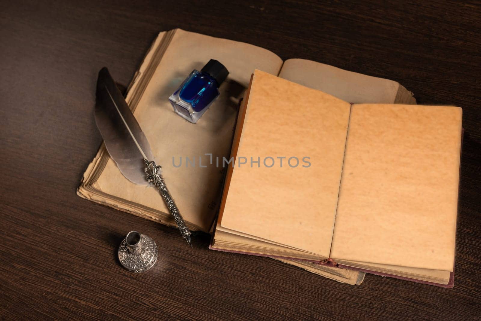 Quill pen and inkwell resting on an old book concept for literature, writing, author and history by zartarn