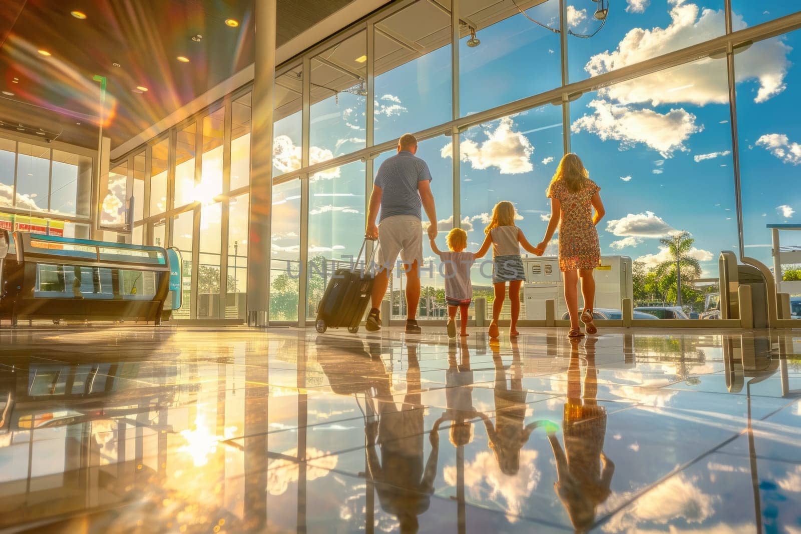 A family walks with a suitcase at the station.