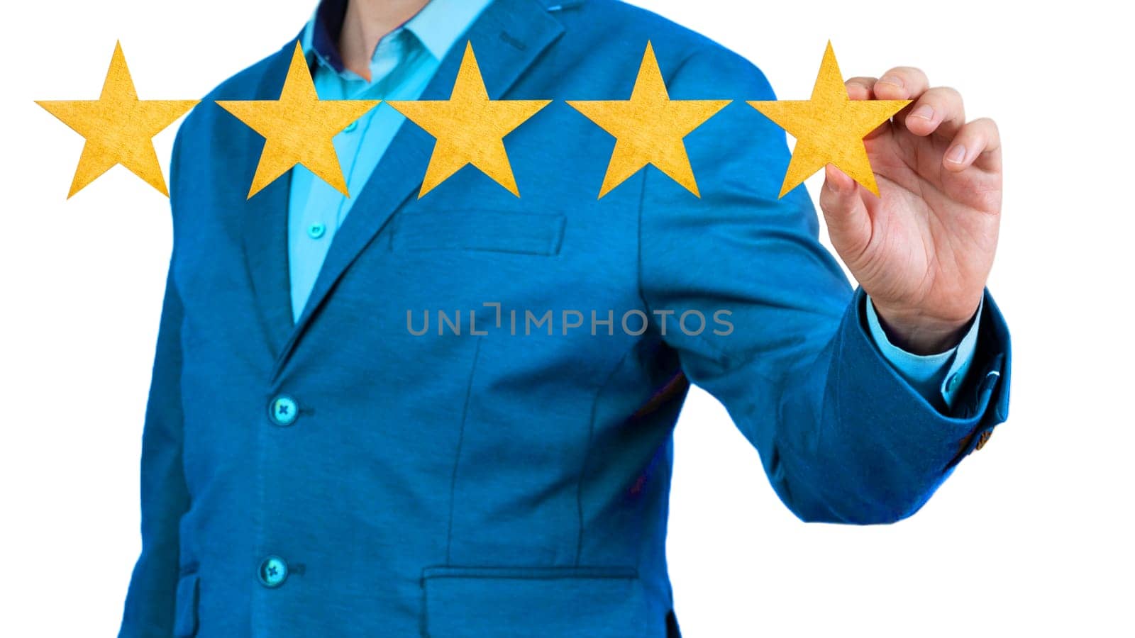Man giving 5 star rating. Human hand holding golden star