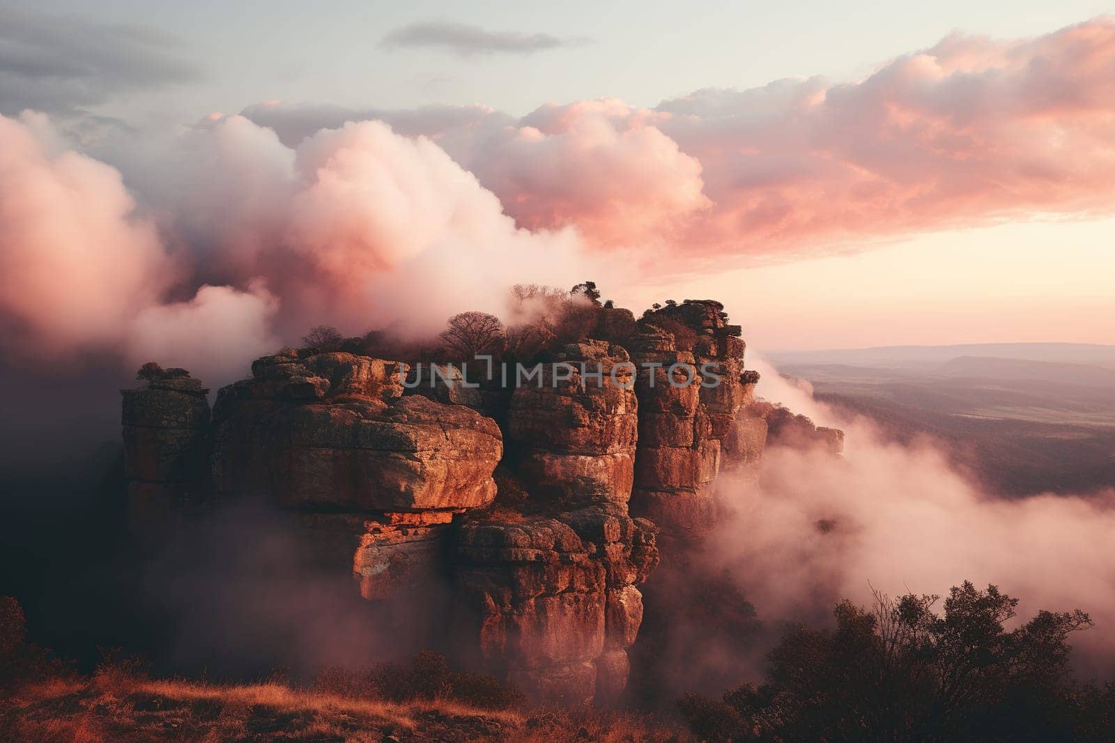 Pink clouds among mountains and rocks.