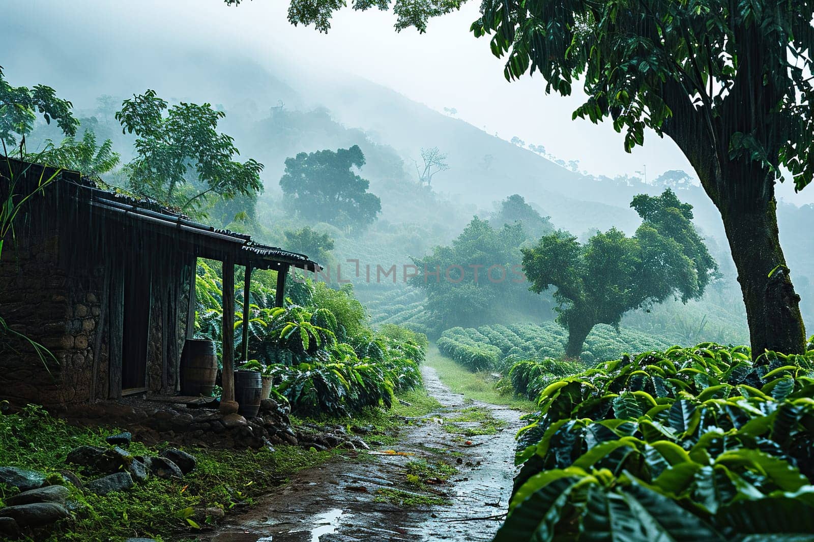 Warm summer rain over a coffee plantation. Generated by artificial intelligence by Vovmar