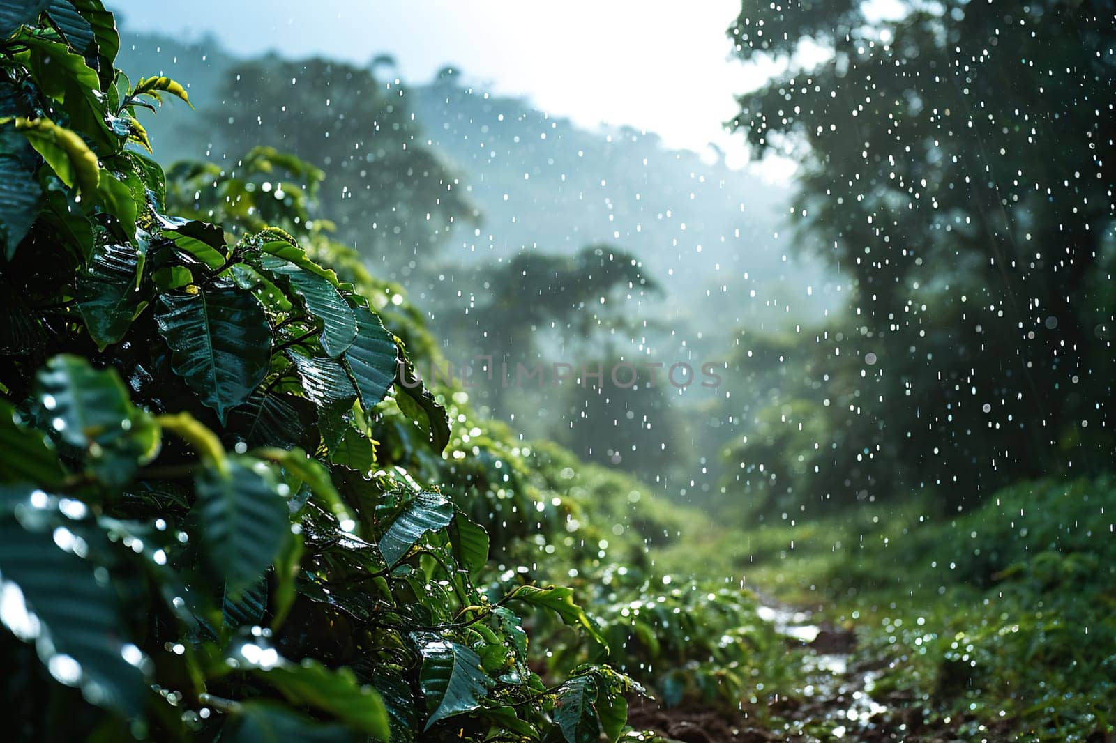 Warm summer rain over a coffee plantation. Generated by artificial intelligence by Vovmar