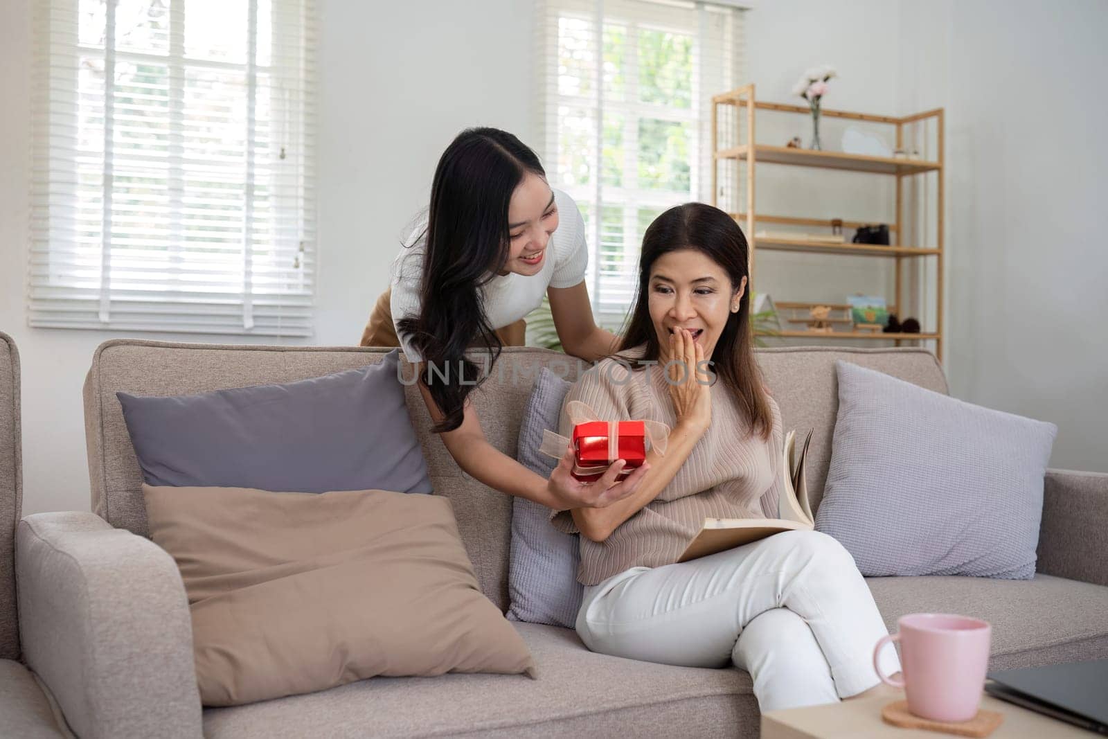 Mother and teenage daughter sitting together in the living room on vacation. And a young woman gives a surprise gift to her mother on an important day..