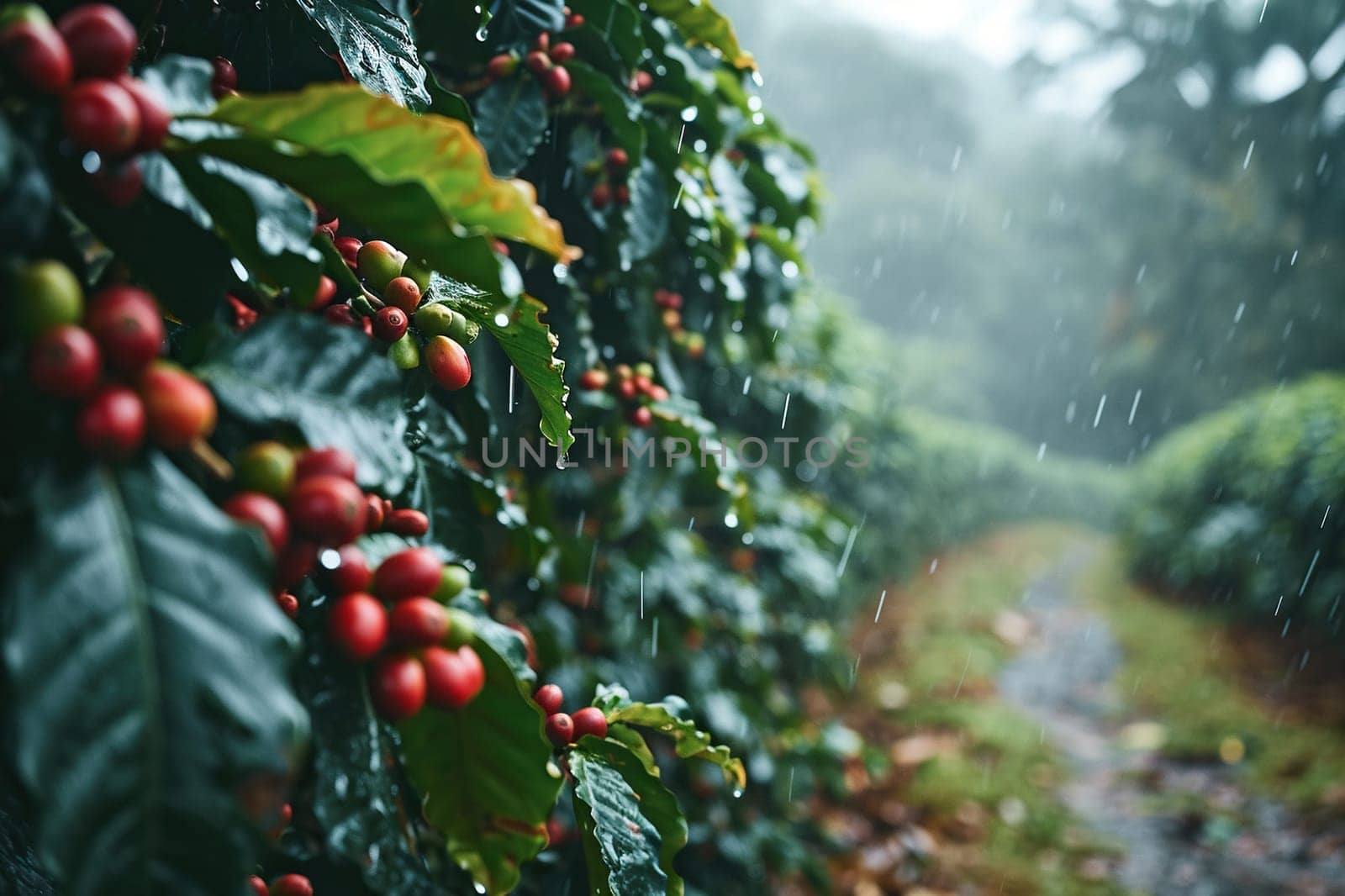 Coffee bushes with ripe coffee beans in the rain. Generated by artificial intelligence by Vovmar