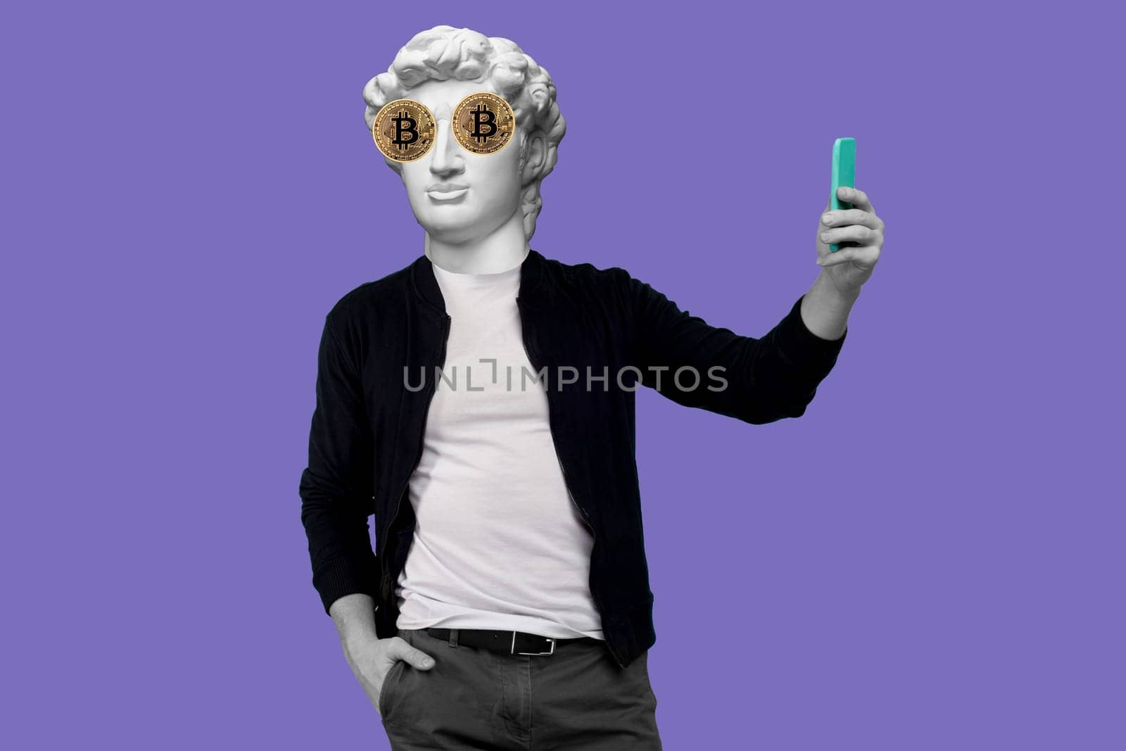 Abstract modern collage. The man with the plaster head of David with bitcoin eyes broadcasts online on a smartphone on a purple background.